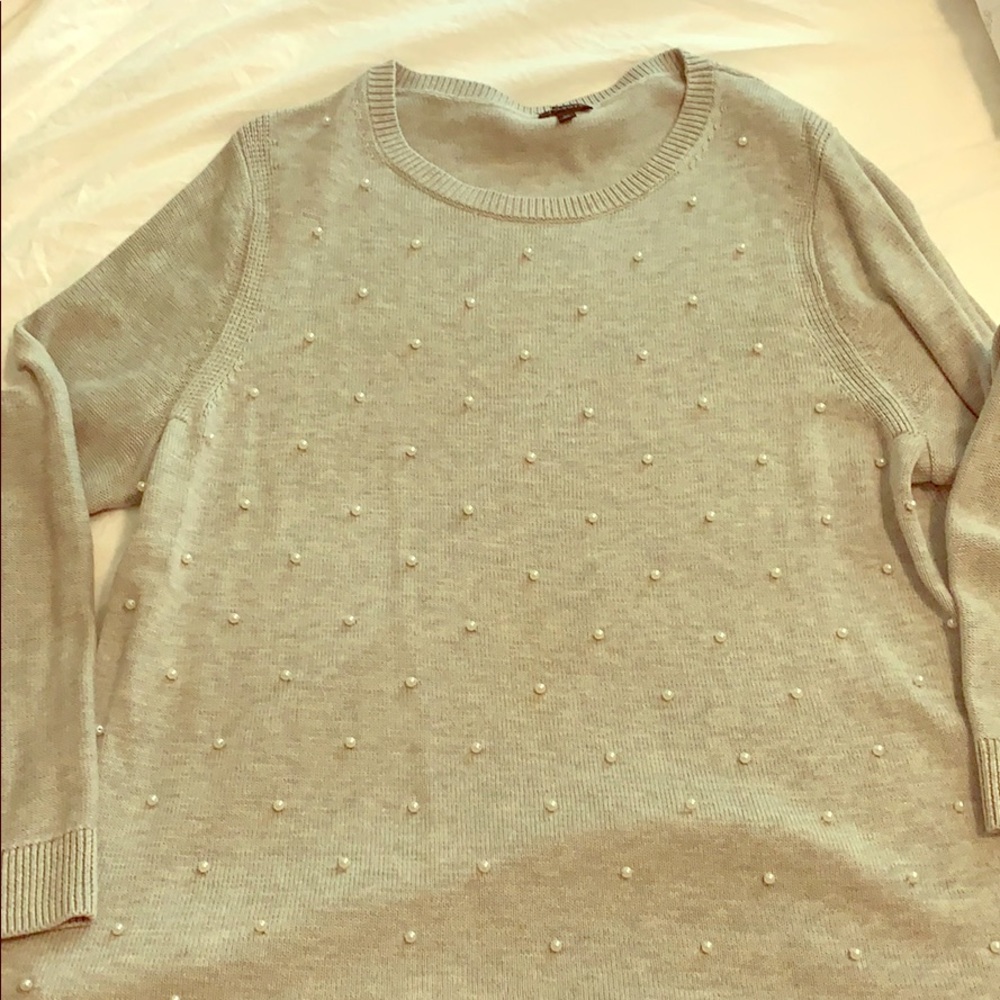 Talbots grey sweater with pearls.